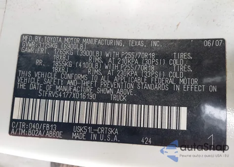 2007 Toyota Tundra Sr5 V8 from USA, damaged, VIN 5TFRV54177X016190